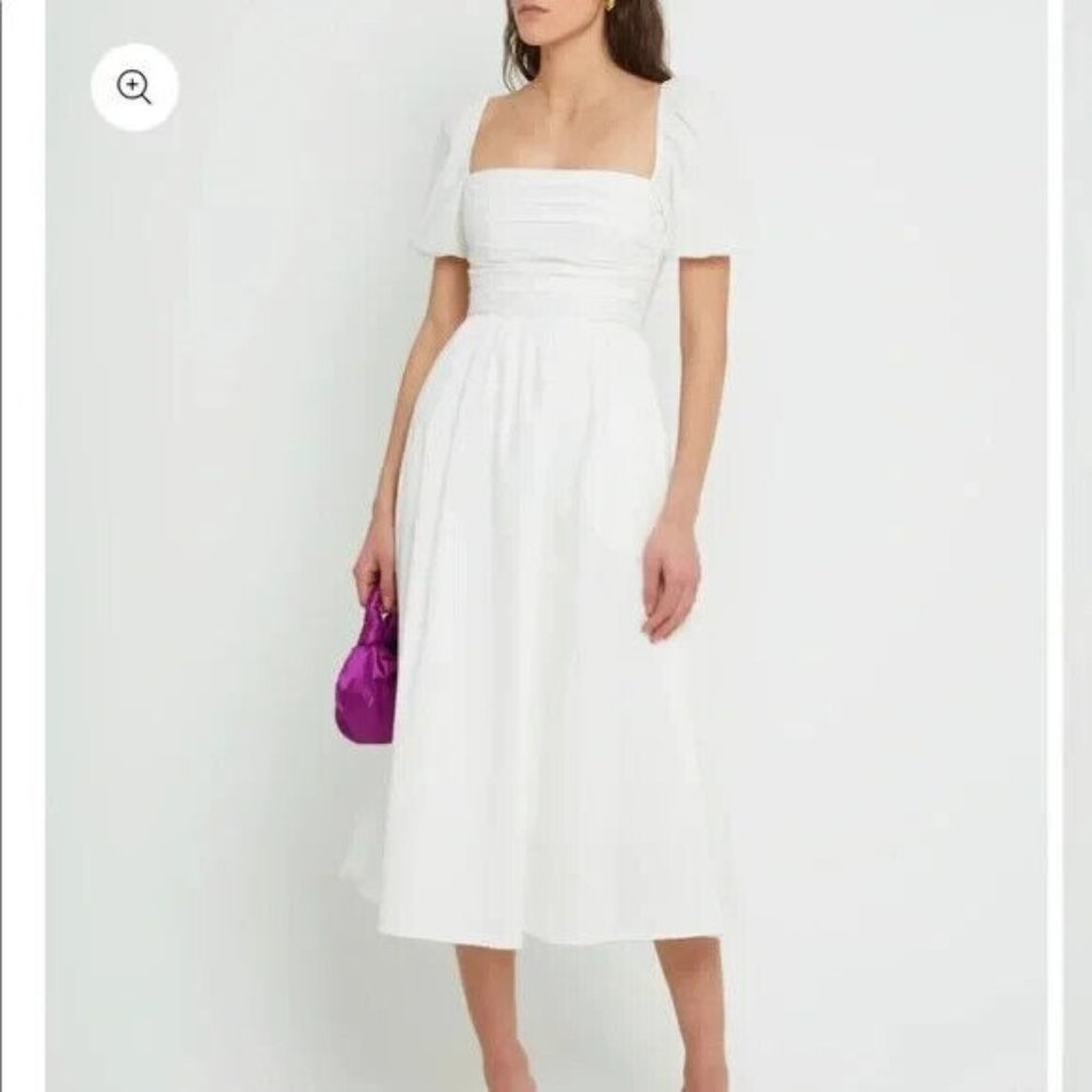 O.P.T Womens River Dress Puff Sleeve Pleated Square Neck Smocked Back White XL